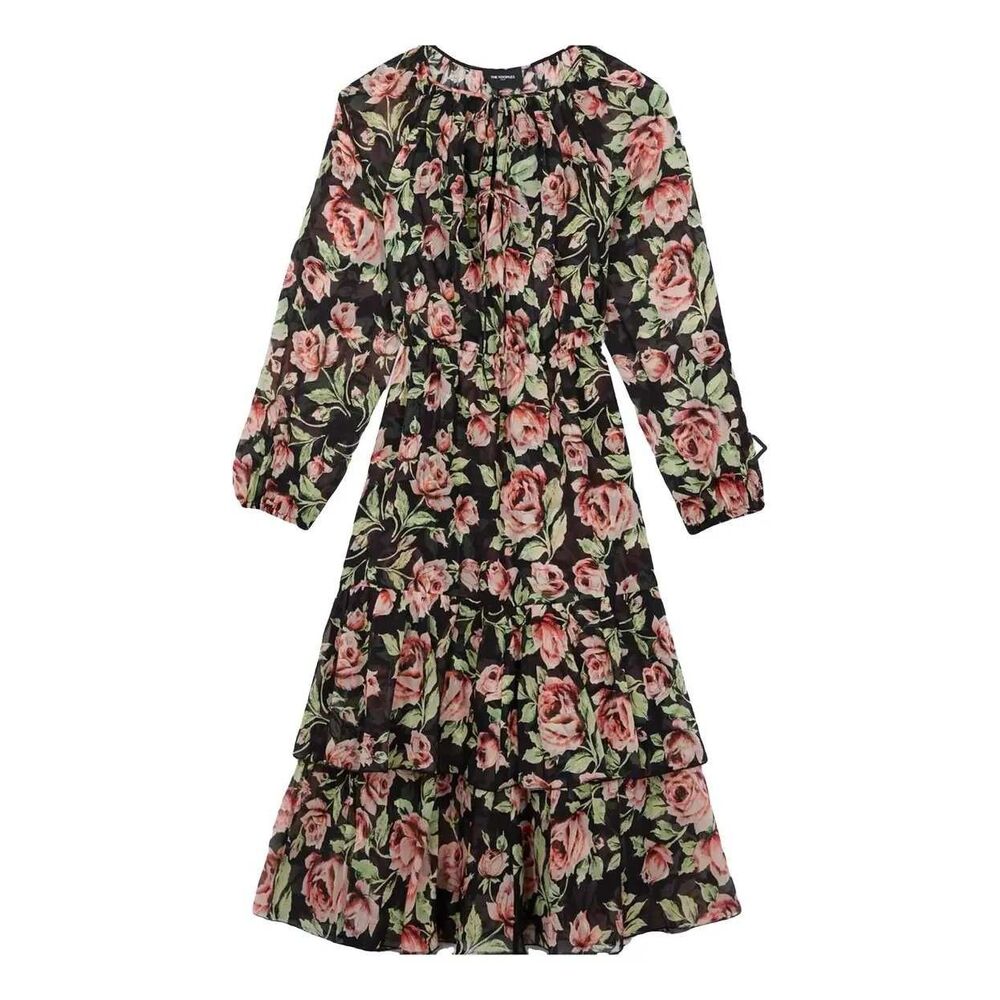 The Kooples Dress Womens Silk Floral Rose Print Tiered Midi Black Pink $625